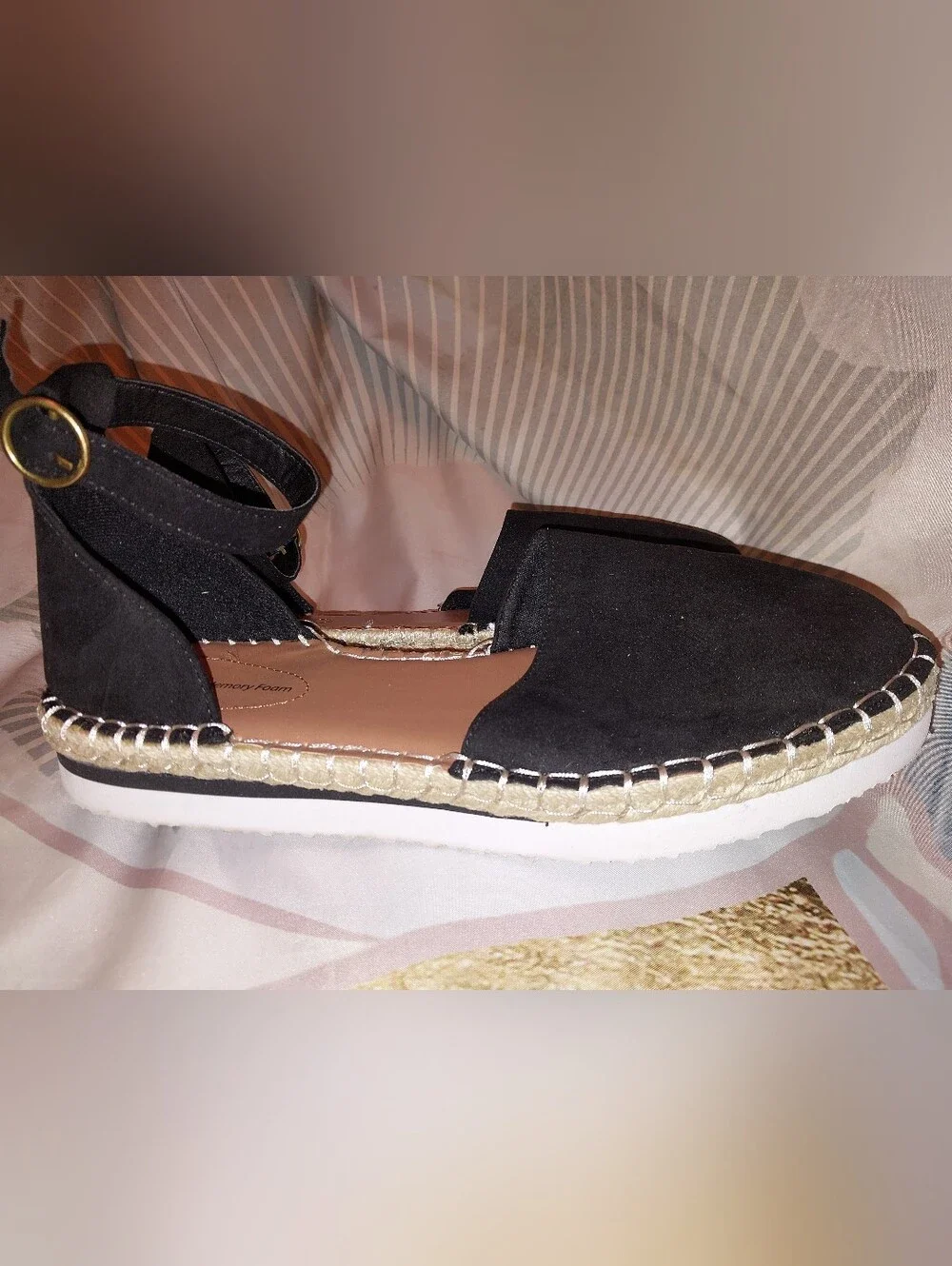 Time and Tru Black Ankle-Strap Espadrille Sandals with Gold Accent 11